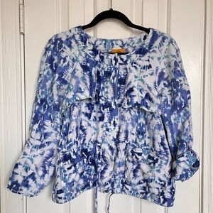 Ruby Rd. Blue and White Patterned Snap Jacket Blouse